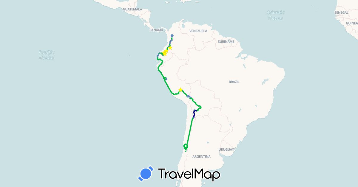 TravelMap itinerary: driving, bus, cycling in Bolivia, Chile, Colombia, Ecuador, Peru (South America)